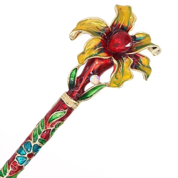Enamel Cloisonne Blooming Flower Hair Stick with Rhinestones