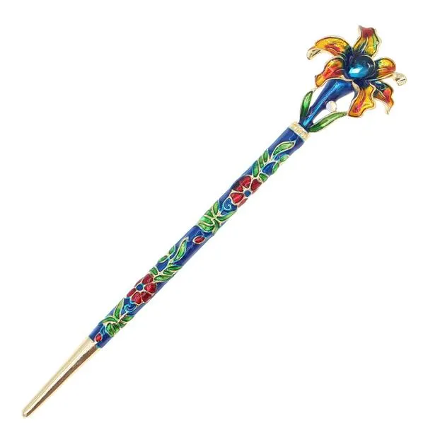 Enamel Cloisonne Blooming Flower Hair Stick with Rhinestones