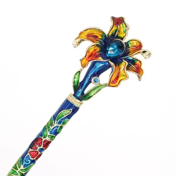 Enamel Cloisonne Blooming Flower Hair Stick with Rhinestones