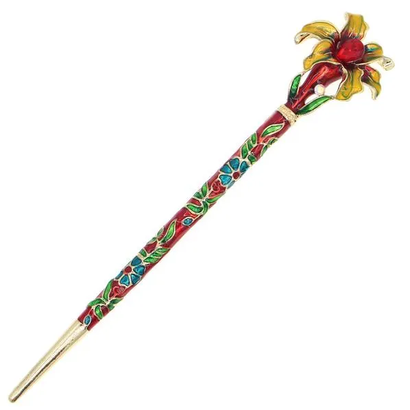 Enamel Cloisonne Blooming Flower Hair Stick with Rhinestones
