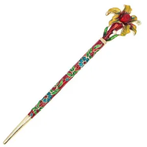 Enamel Cloisonne Blooming Flower Hair Stick with Rhinestones
