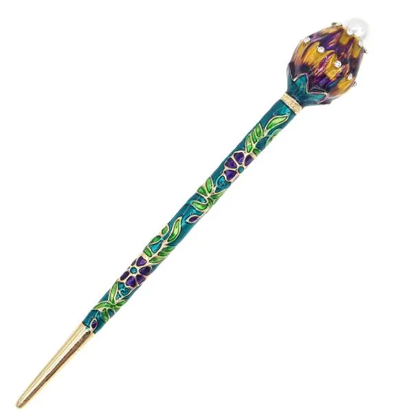 Enamel Cloisonne Hair Stick with Rhinestones and Glass Pearl Lotus Bud