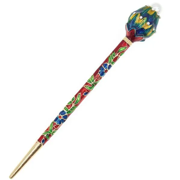 Enamel Cloisonne Hair Stick with Rhinestones and Glass Pearl Lotus Bud