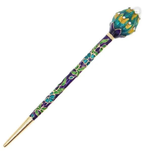 Enamel Cloisonne Hair Stick with Rhinestones and Glass Pearl Lotus Bud