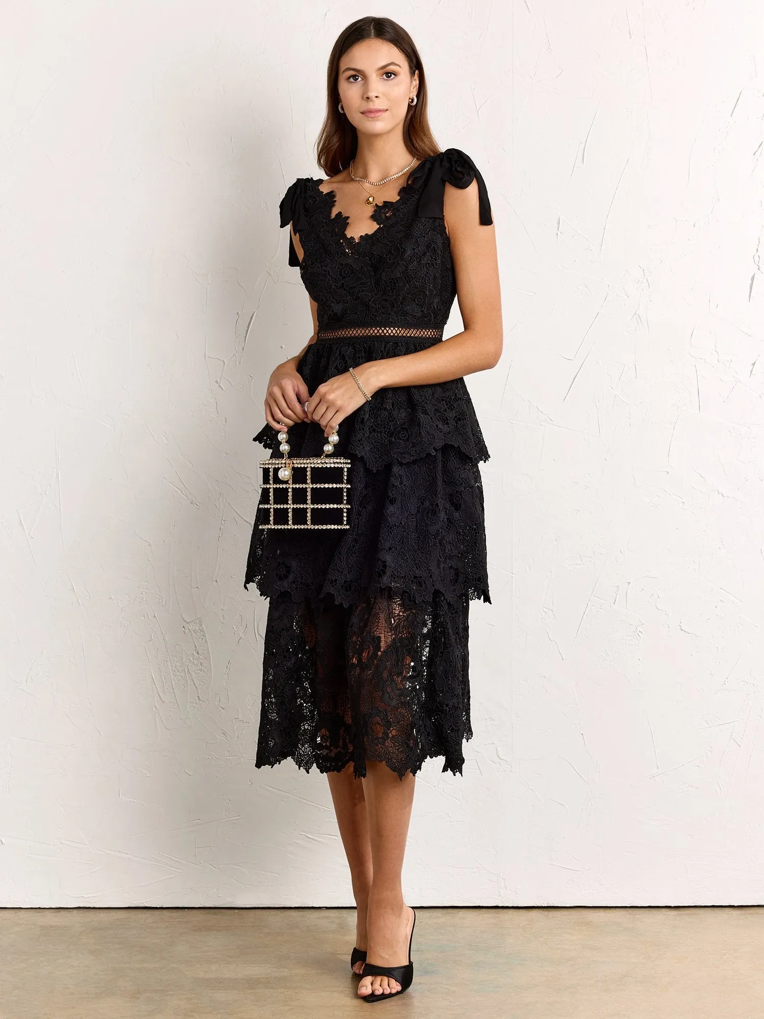 Floral-Crochet Tiered Tie-Shoulder Dress - Just Me