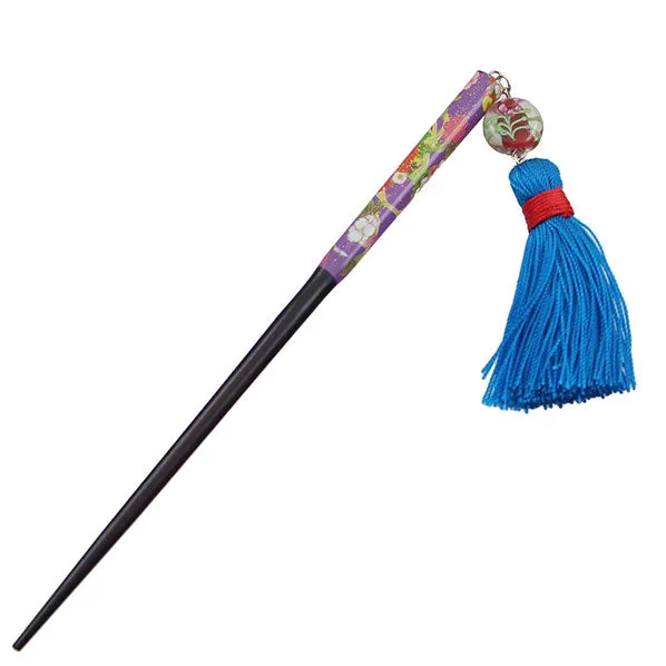 Floral Pattern Ironwood Hair Stick w/ Lampwork Bead and Blue Tassels