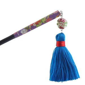 Floral Pattern Ironwood Hair Stick w/ Lampwork Bead and Blue Tassels
