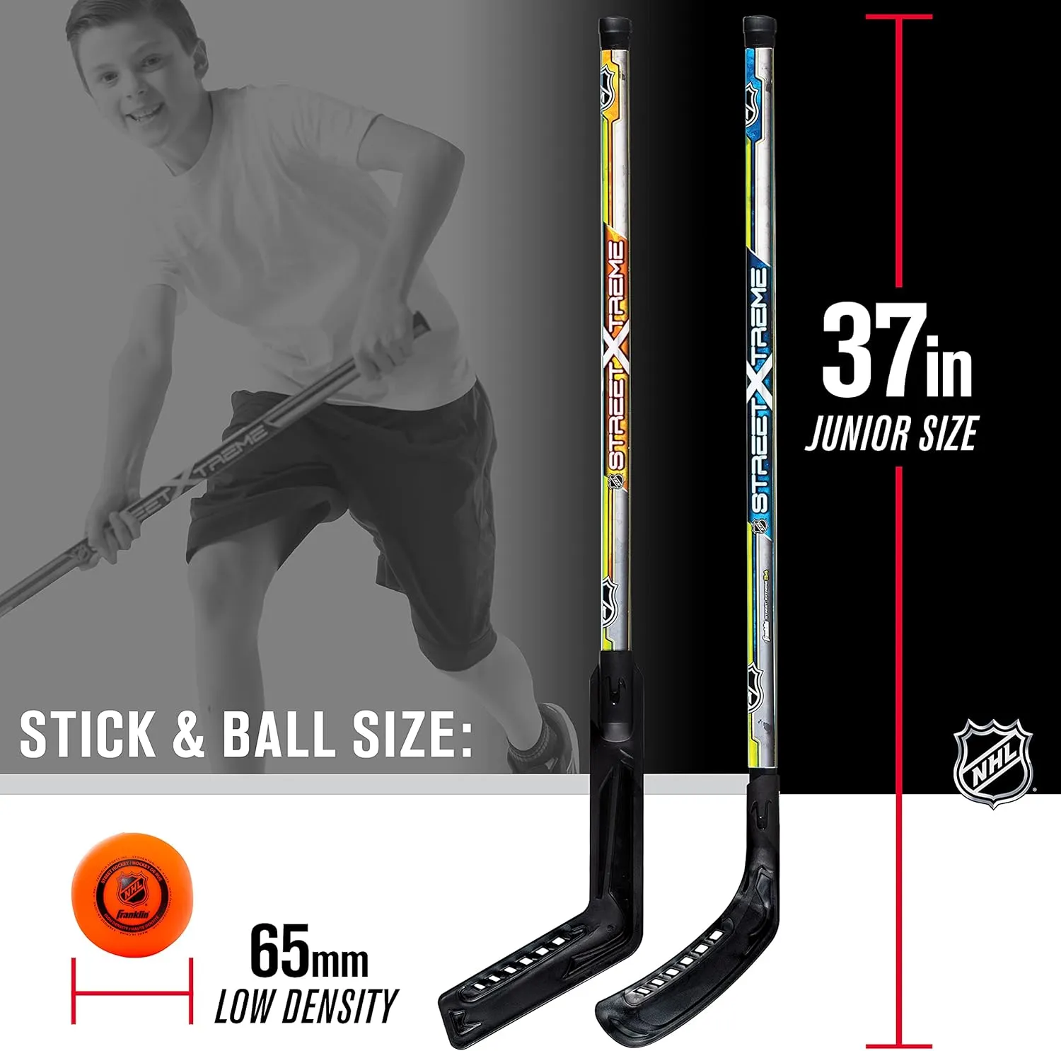 Franklin Sports NHL Kids Street Hockey Stick Set - Includes (2) Youth Street Hockey Sticks   (1) Outdoor Roller Hockey Ball - Perfect Hockey Starter Set for Kids