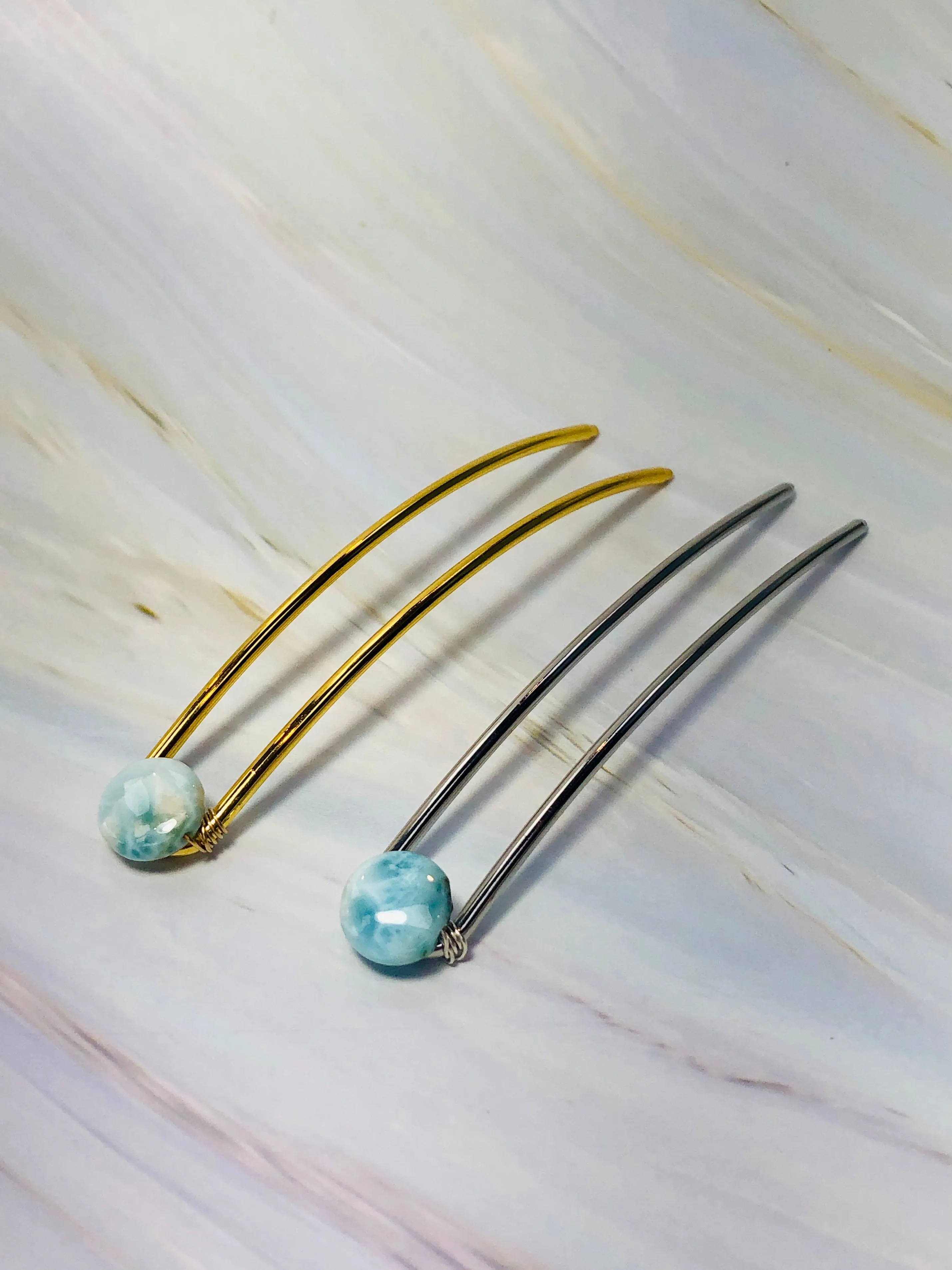 Genuine Larimar Gemstone Hair Pin, Luxury Hair Pin, Ocean Blue Larimar Hair Fork, Wedding hair stick