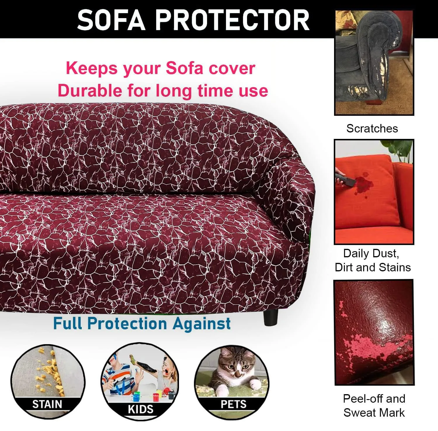 Gifts Island® Sofa Cover 3 Seater and 2 Seater Fully Covered Universal 5 Seater Sofa Cover Non-Slip Sticky Elastic Stretchable Sofa Set Slipcover Protector for (3 1 1 Seater), Maroon Marble Print