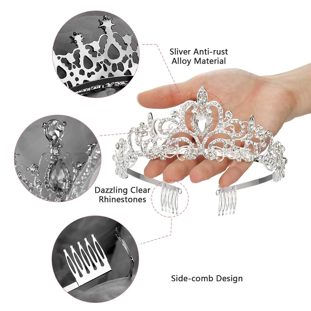 Girls Crystal Crown Tiara with Comb Headband for Girls Birthday Party