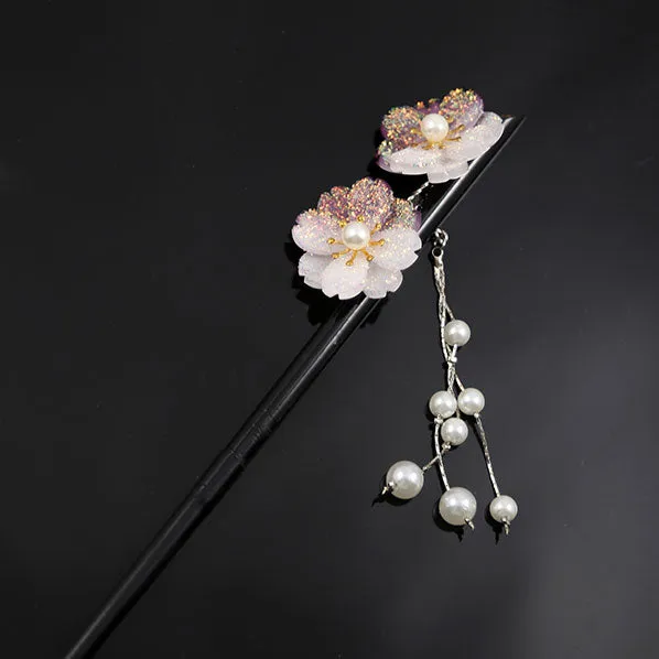 Glittered Gradient Purple Flowers Acrylic Hair Stick with Pearl Tassels
