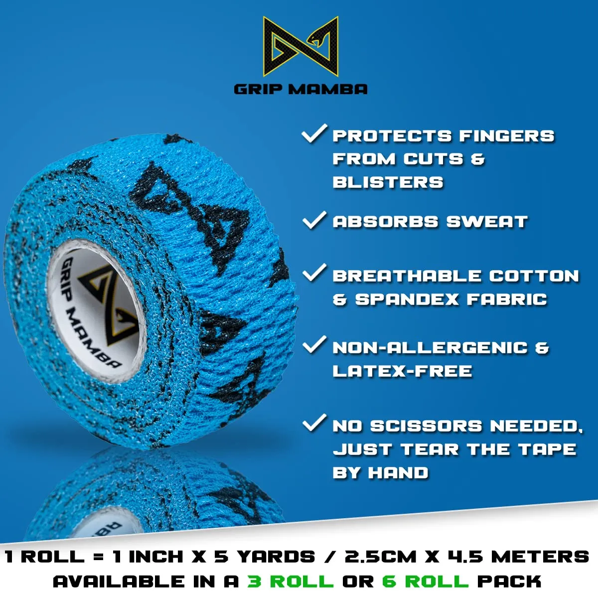 GRIP MAMBA Elastic Athletic Finger Tape, 1Wide w/Premium Adhesive, Protects Hand Thumb Fingers Enhances Grip, Sleeve Blister Wrap for Sports, Golf, Tennis, Basketball, Pickleball (Blue, 3 Rolls)