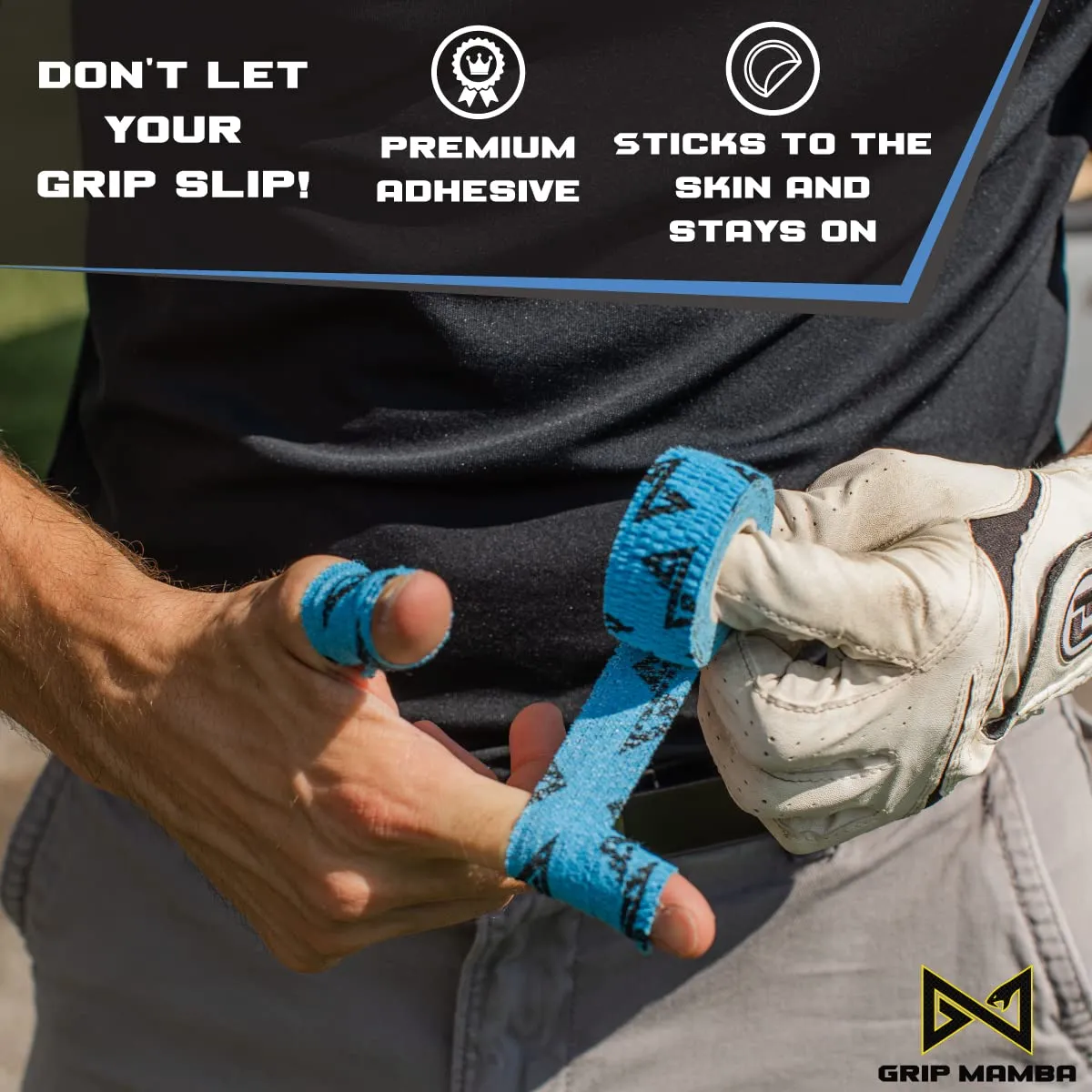 GRIP MAMBA Elastic Athletic Finger Tape, 1Wide w/Premium Adhesive, Protects Hand Thumb Fingers Enhances Grip, Sleeve Blister Wrap for Sports, Golf, Tennis, Basketball, Pickleball (Blue, 3 Rolls)