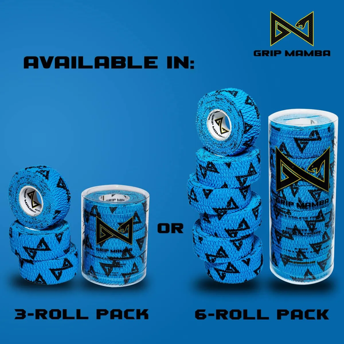 GRIP MAMBA Elastic Athletic Finger Tape, 1Wide w/Premium Adhesive, Protects Hand Thumb Fingers Enhances Grip, Sleeve Blister Wrap for Sports, Golf, Tennis, Basketball, Pickleball (Blue, 3 Rolls)