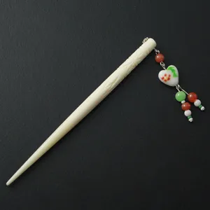 Handmade Carved Cattle Horn Hair Stick with Lampwork Bead and Tassels