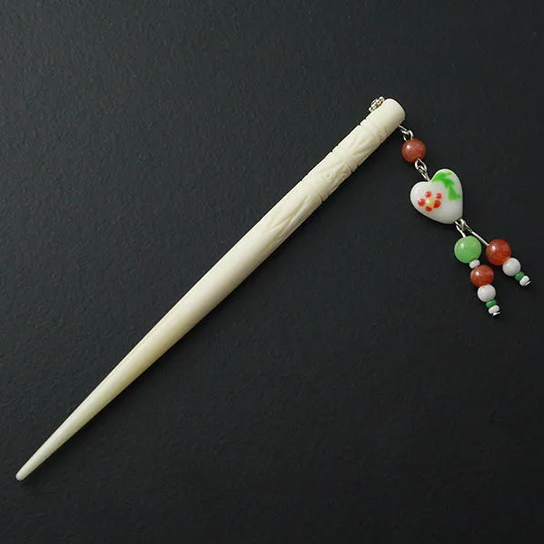 Handmade Carved Cattle Horn Hair Stick with Lampwork Bead and Tassels
