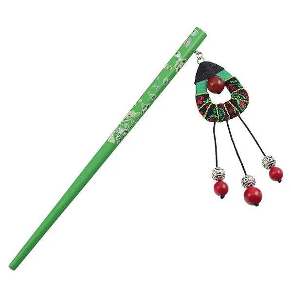 Handmade Lacquered Ironwood Hair Stick w/ Embeded Shell & Tribal Tassels