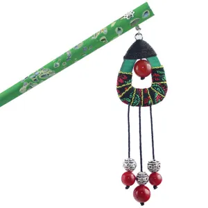 Handmade Lacquered Ironwood Hair Stick w/ Embeded Shell & Tribal Tassels