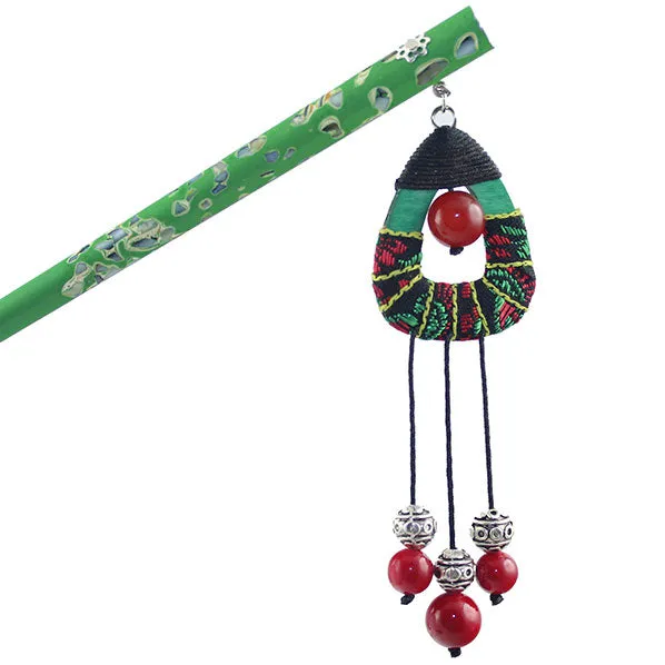 Handmade Lacquered Ironwood Hair Stick w/ Embeded Shell & Tribal Tassels
