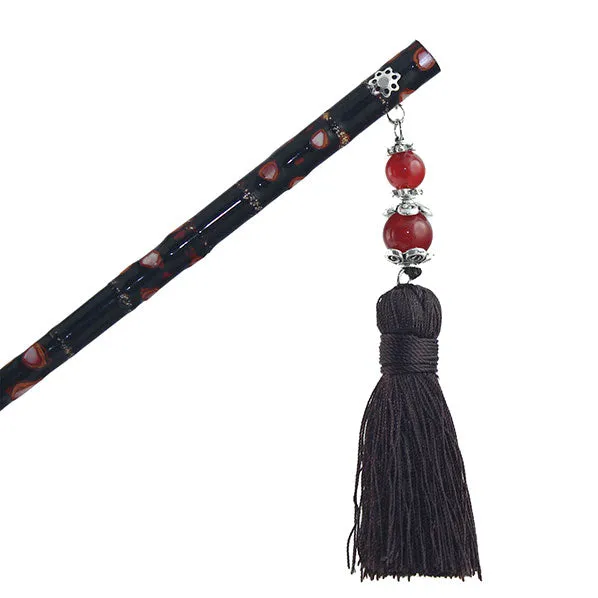 Lacquered Ironwood Hair Stick w/ Beads Tassels Black