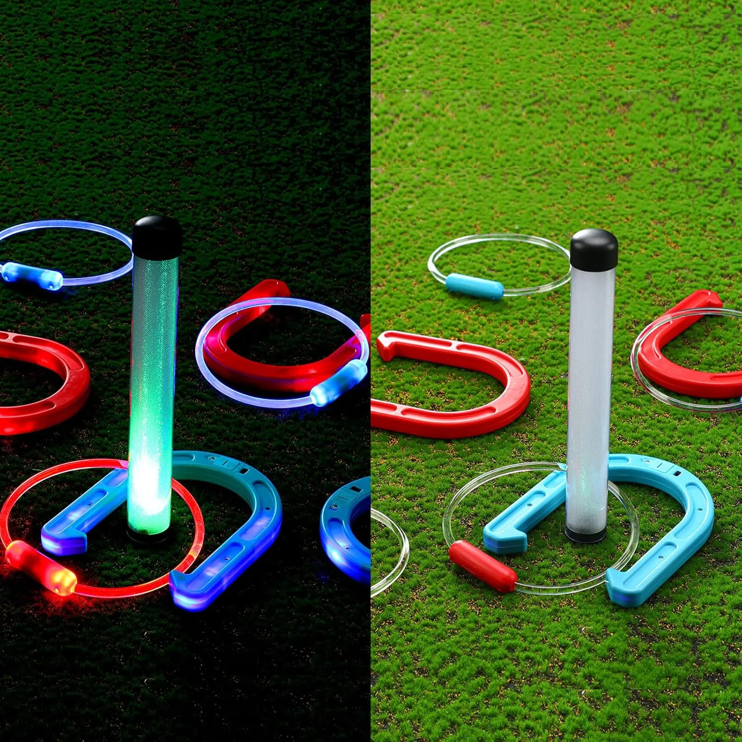 LED Ring Toss Game for Adults Ring Toss and Horseshoes Outdoor Games for Adults and Family 12 Pcs Ring Toss and Horseshoe Throwing Game for Camping Games Outdoor Yard Games