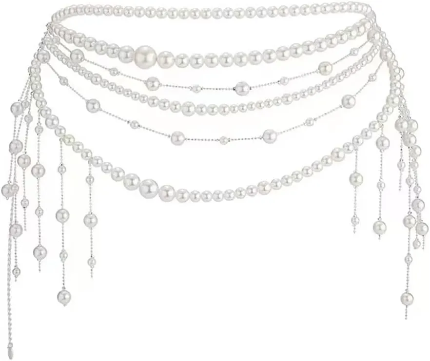 Multilayer Pearl Tassel Waist Chain Trendy Flower Waistband White Pearl Body Chain Flower Long Tassel Pendant Waist Chain Wedding Bridal Dress Belt for Women
