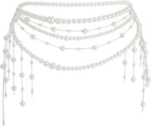 Multilayer Pearl Tassel Waist Chain Trendy Flower Waistband White Pearl Body Chain Flower Long Tassel Pendant Waist Chain Wedding Bridal Dress Belt for Women