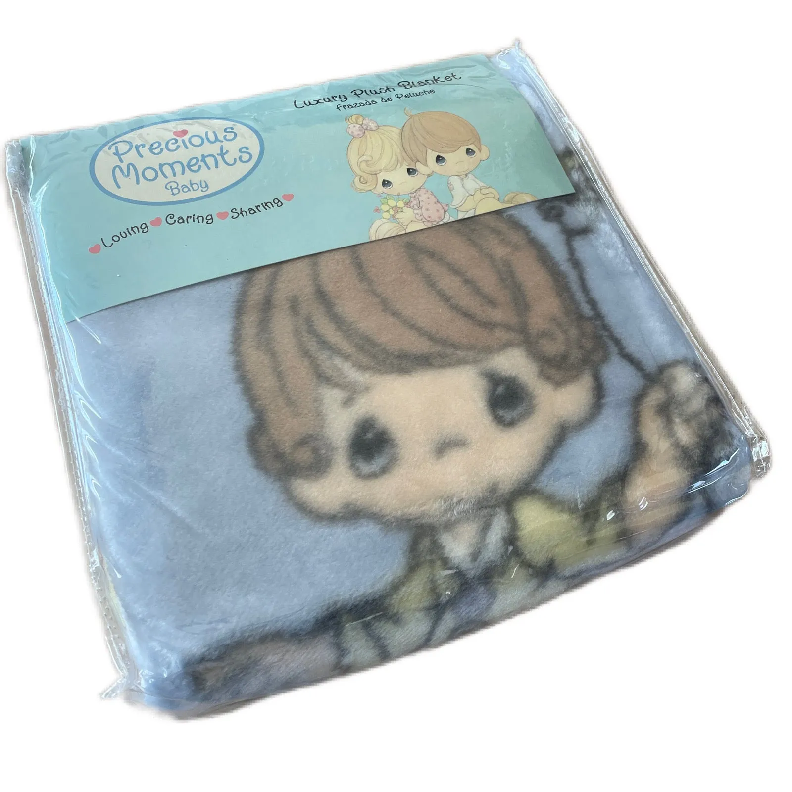 New Vintage Precious Moments Baby Blanket Luxury High Pile Plush Fleece Crib Throw 30" x 45" Velour Velvet Thick Minky Boy & Girl Playtime Toys Light Blue