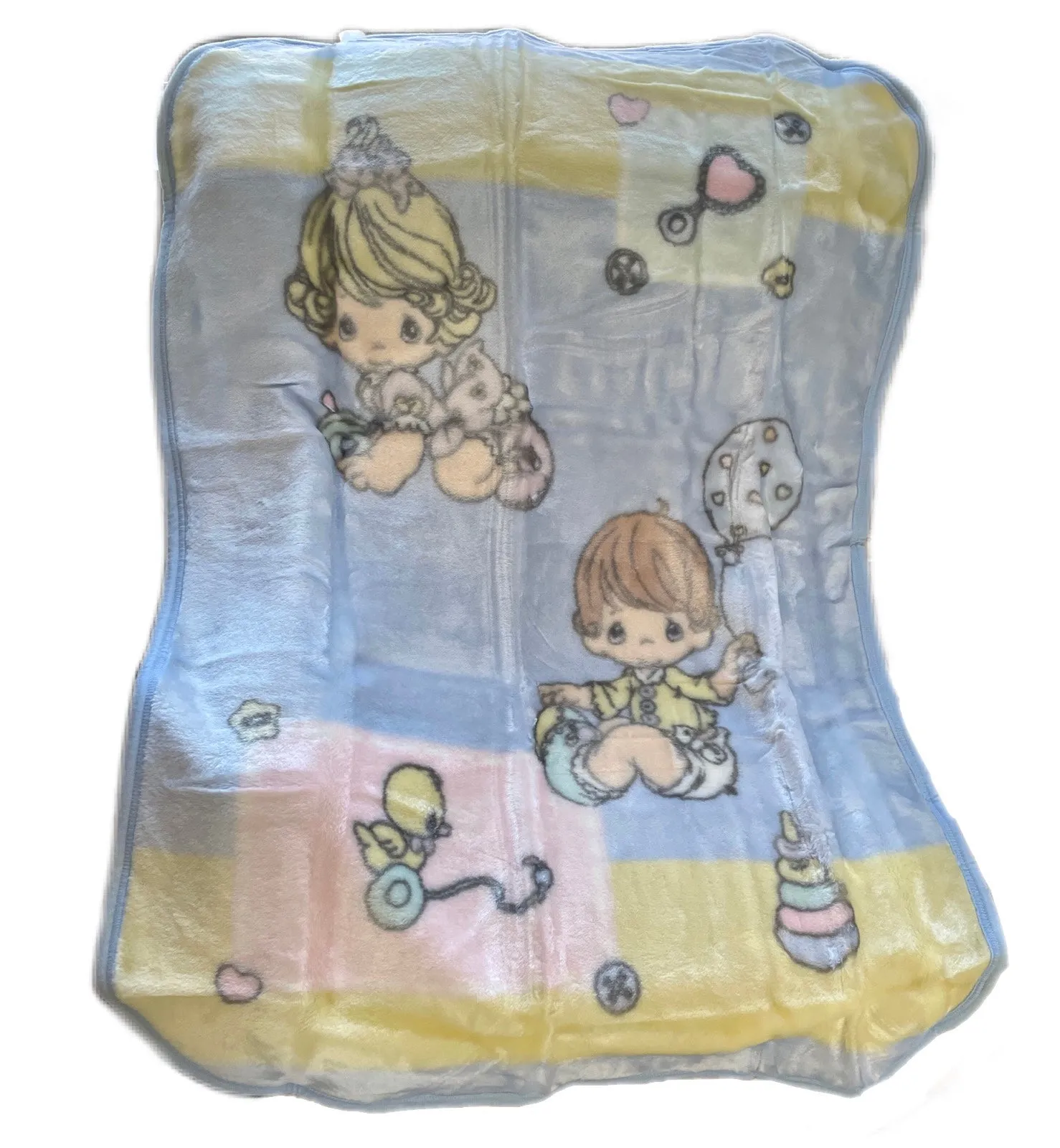 New Vintage Precious Moments Baby Blanket Luxury High Pile Plush Fleece Crib Throw 30" x 45" Velour Velvet Thick Minky Boy & Girl Playtime Toys Light Blue