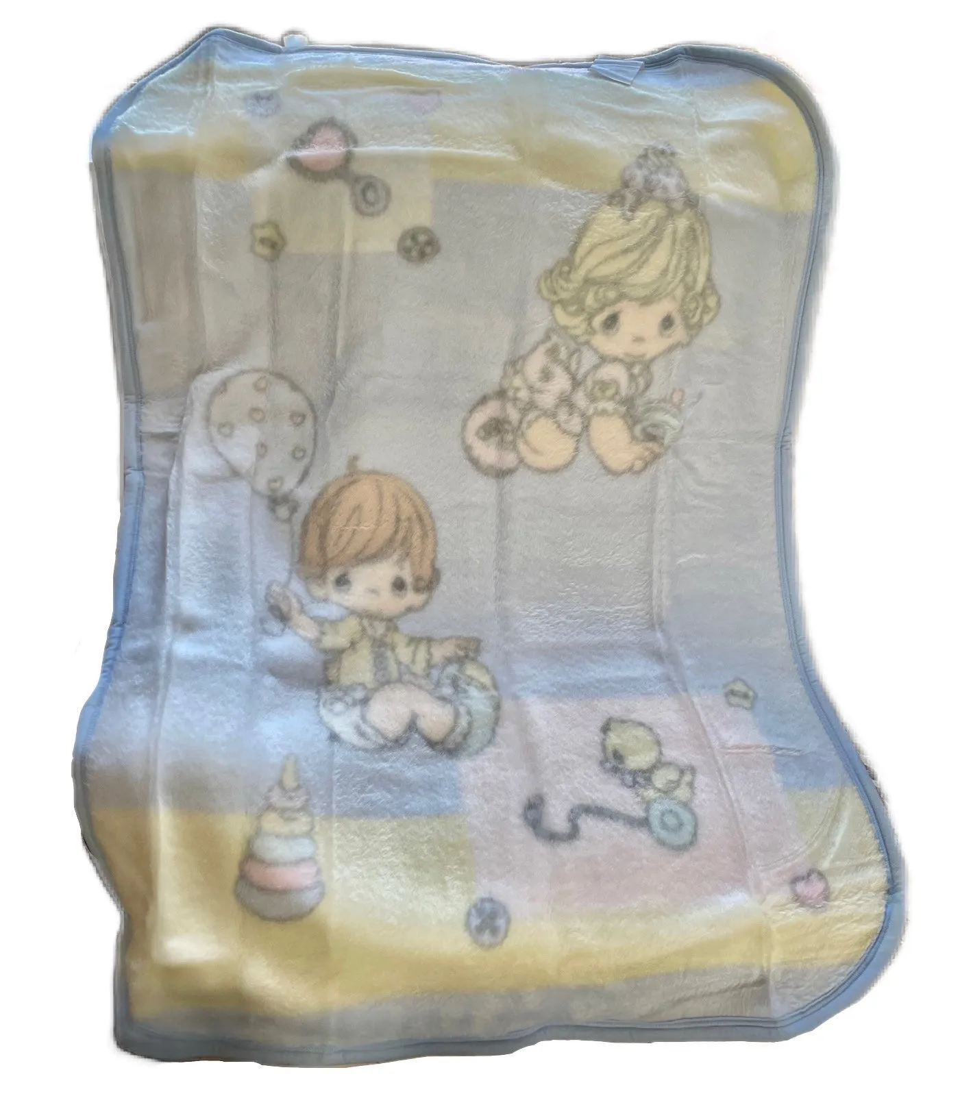 New Vintage Precious Moments Baby Blanket Luxury High Pile Plush Fleece Crib Throw 30" x 45" Velour Velvet Thick Minky Boy & Girl Playtime Toys Light Blue