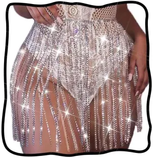 Nicute Party Rhinestone Skirt Silver Tassel Waist Chain Full Crystal Club Body Jewelry for Women