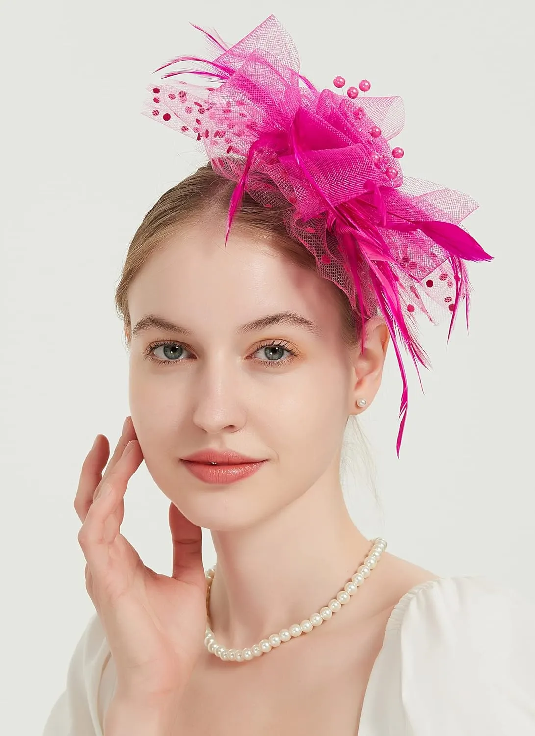 QDC Fascinators for Women Tea Party Headband Hats Cocktail Flower Mesh Feathers Headwear Hair Clip for Wedding