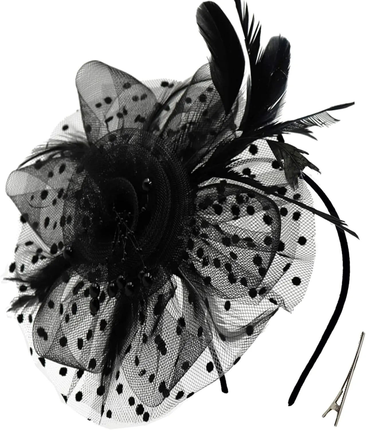 QDC Fascinators for Women Tea Party Headband Hats Cocktail Flower Mesh Feathers Headwear Hair Clip for Wedding