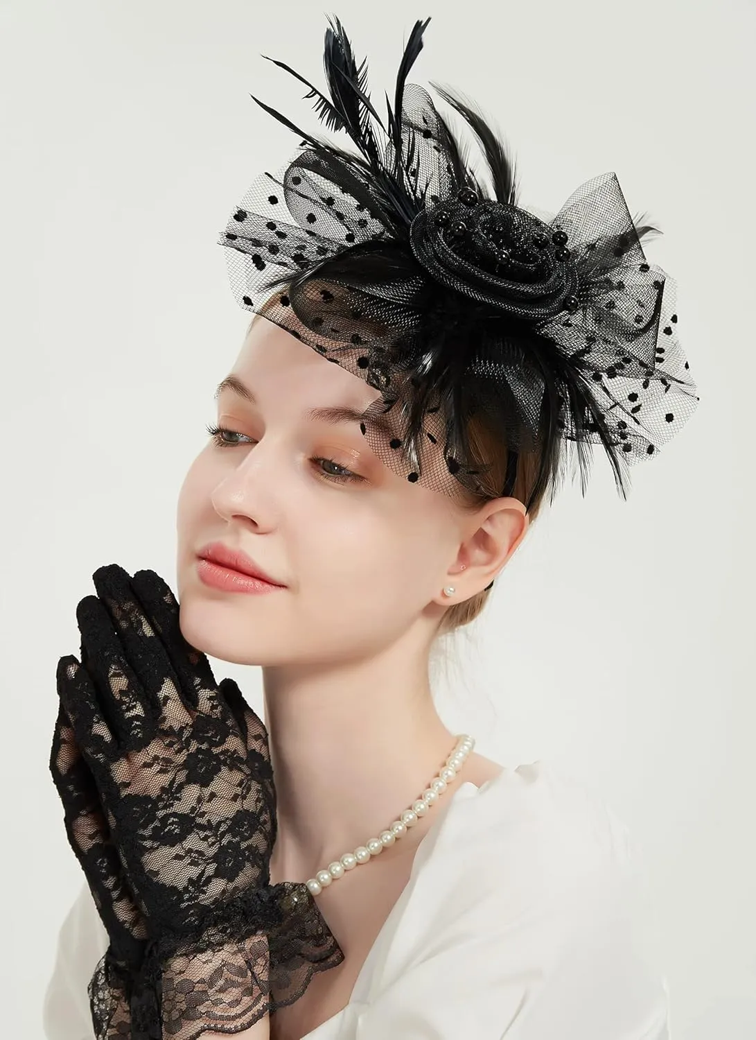 QDC Fascinators for Women Tea Party Headband Hats Cocktail Flower Mesh Feathers Headwear Hair Clip for Wedding