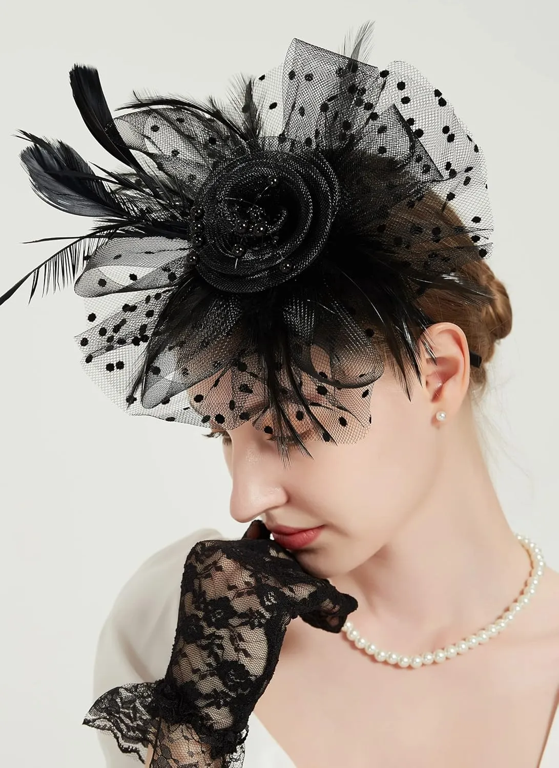QDC Fascinators for Women Tea Party Headband Hats Cocktail Flower Mesh Feathers Headwear Hair Clip for Wedding
