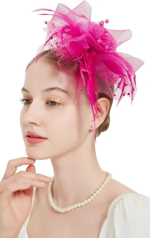 QDC Fascinators for Women Tea Party Headband Hats Cocktail Flower Mesh Feathers Headwear Hair Clip for Wedding