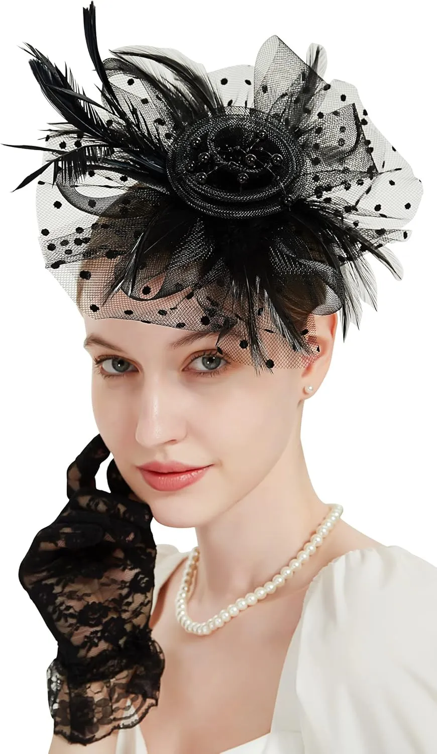 QDC Fascinators for Women Tea Party Headband Hats Cocktail Flower Mesh Feathers Headwear Hair Clip for Wedding