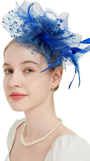 QDC Fascinators for Women Tea Party Headband Hats Cocktail Flower Mesh Feathers Headwear Hair Clip for Wedding