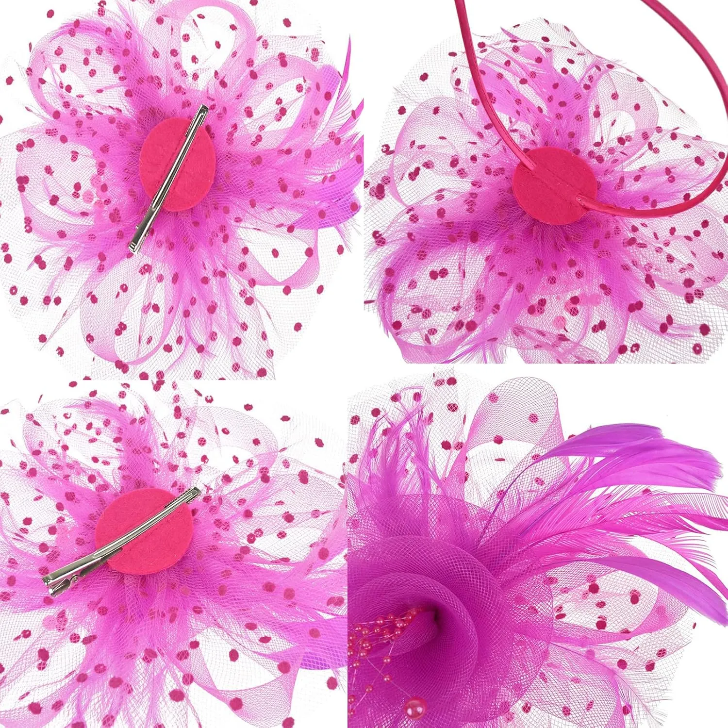 QDC Fascinators for Women Tea Party Headband Hats Cocktail Flower Mesh Feathers Headwear Hair Clip for Wedding