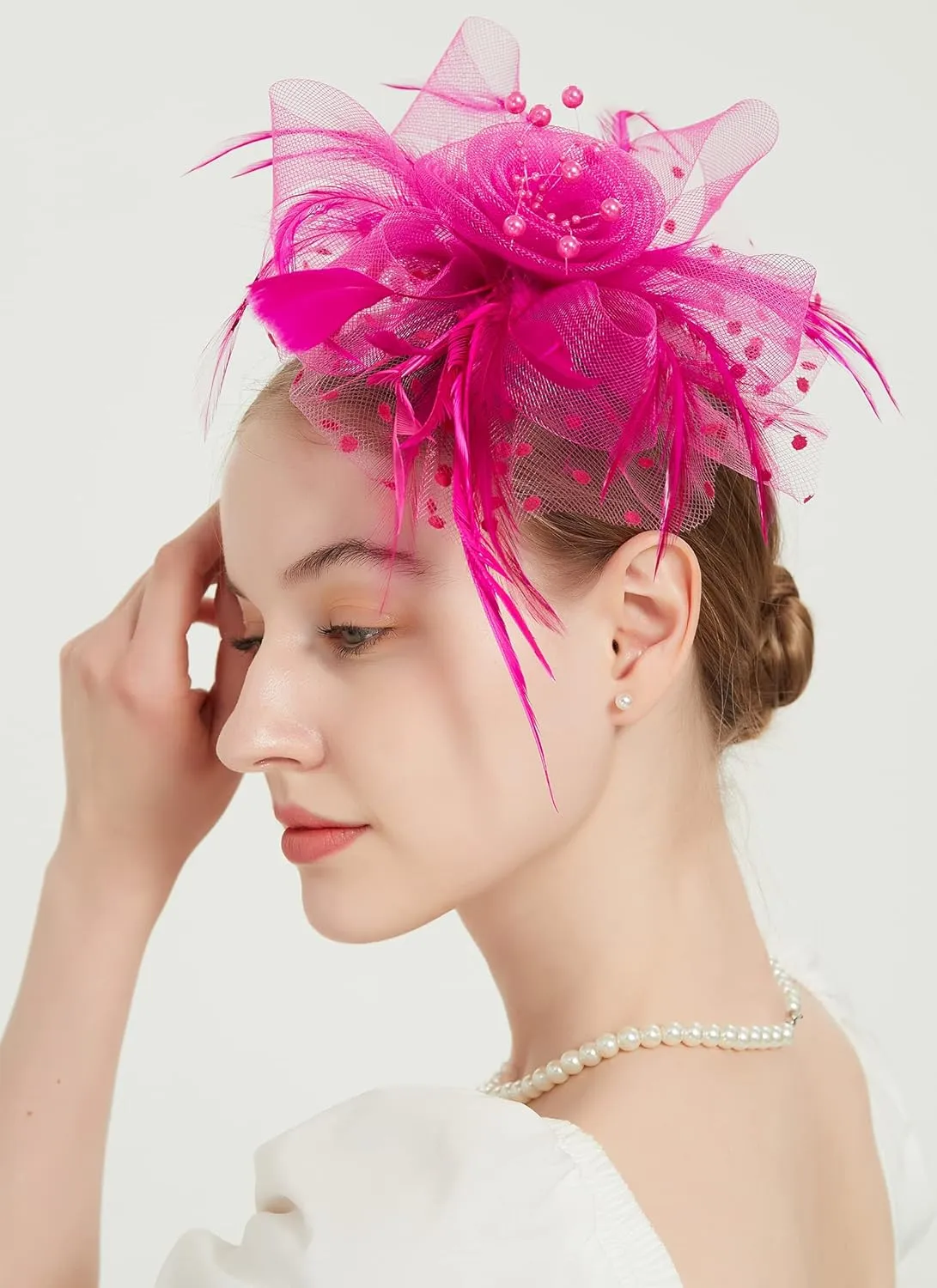 QDC Fascinators for Women Tea Party Headband Hats Cocktail Flower Mesh Feathers Headwear Hair Clip for Wedding