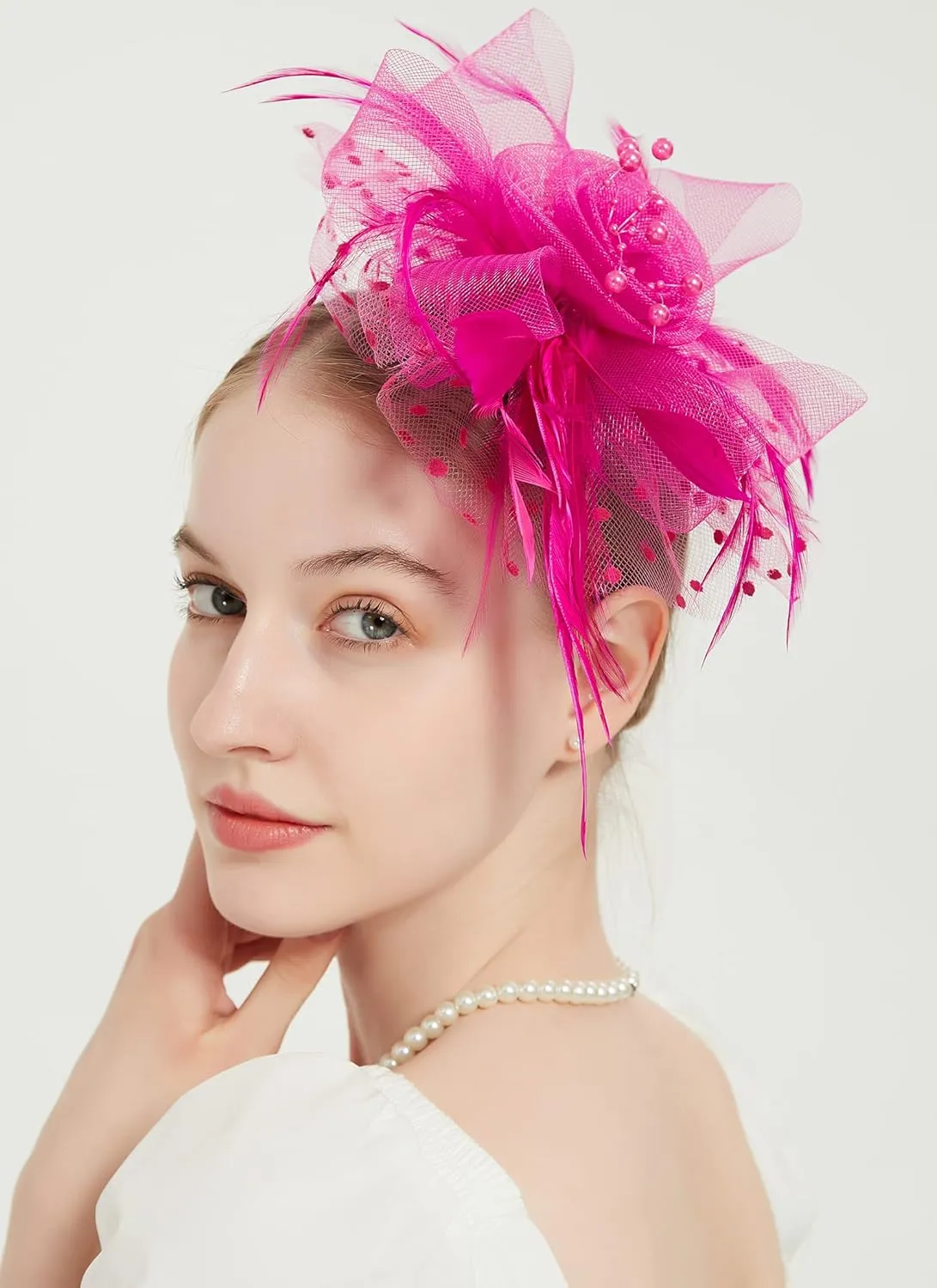 QDC Fascinators for Women Tea Party Headband Hats Cocktail Flower Mesh Feathers Headwear Hair Clip for Wedding