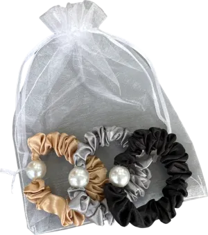 Set Of 3 Neutral Pearl Detail  Scrunchies In Tulle Gift Bag