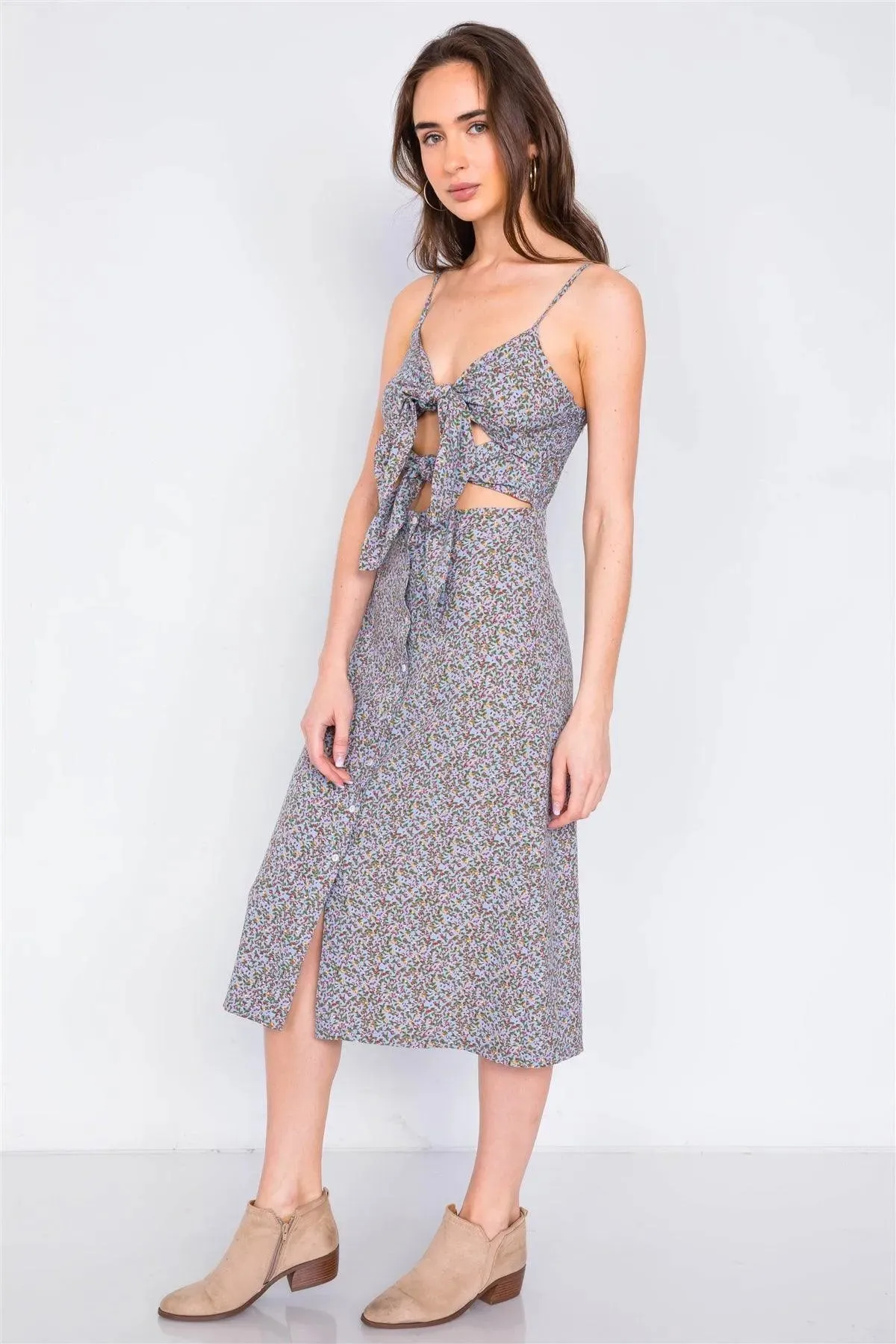 Sky Minimalist Floral Print Center Cut Out Chic Midi Dress /4-2-1