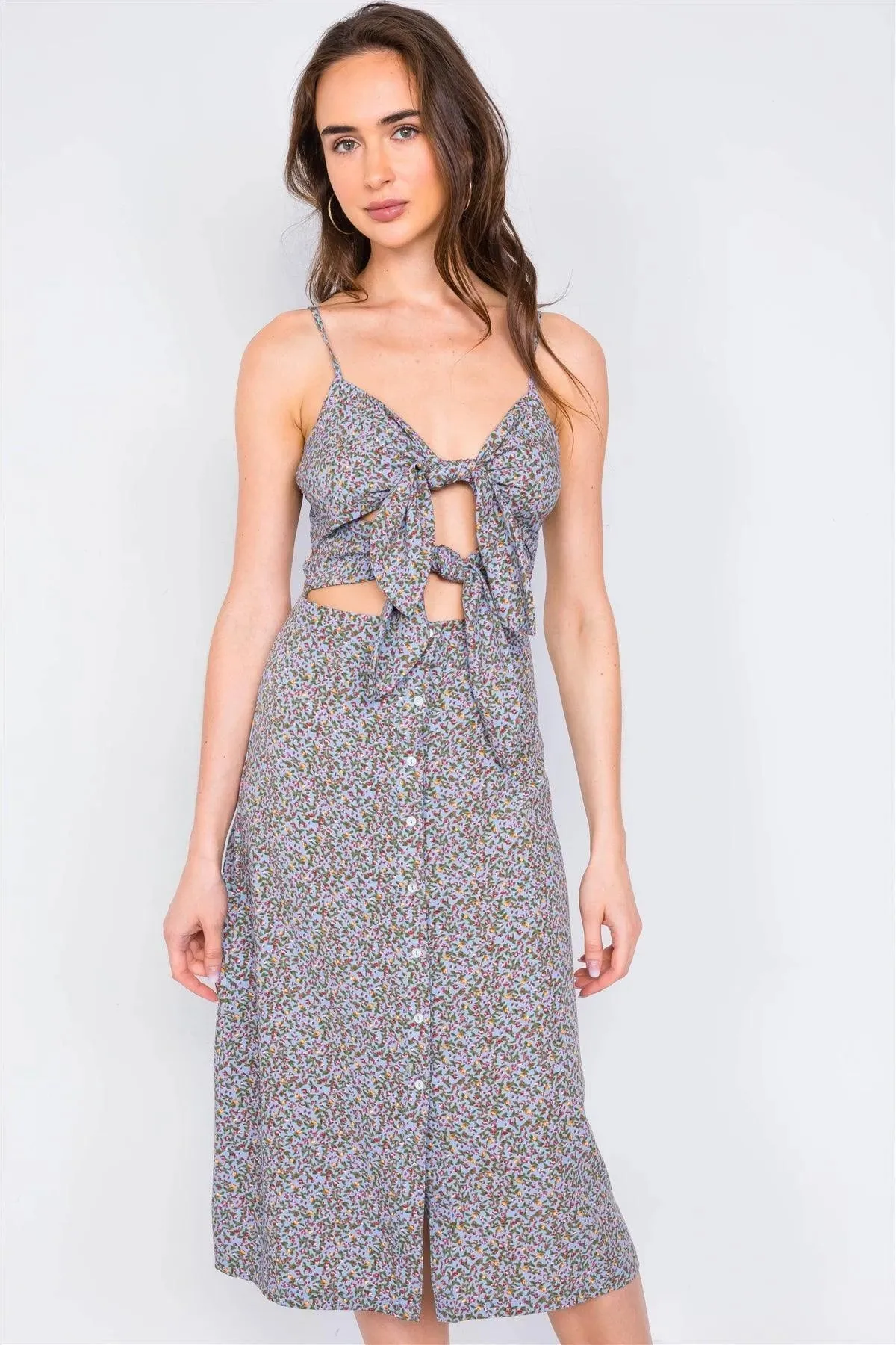 Sky Minimalist Floral Print Center Cut Out Chic Midi Dress /4-2-1