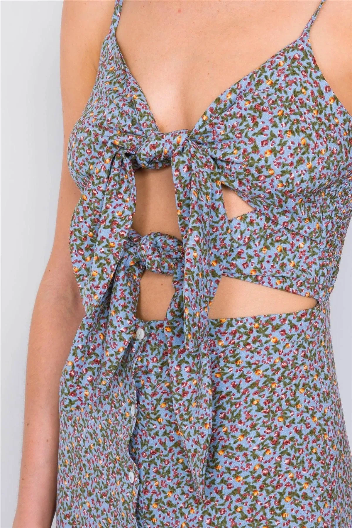Sky Minimalist Floral Print Center Cut Out Chic Midi Dress /4-2-1