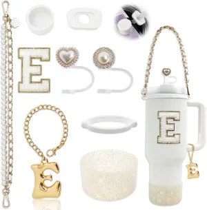 Stanley Cup Accessories Set for 30oz 40oz Tumbler, with Handle Strap, Anti-Spill Plug, Boot, Straw Cover, Cute Letter Charms, No-Residue Initial Sticker, Fits Pink Purple White Stanley Cups (E)