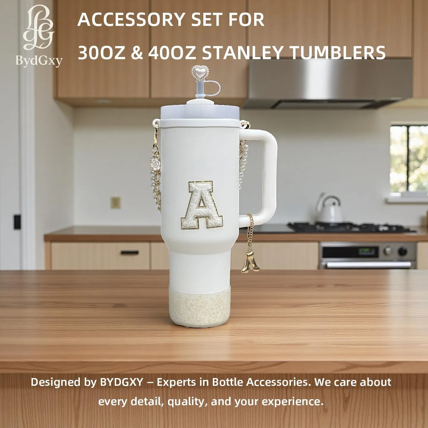 Stanley Cup Accessories Set for 30oz 40oz Tumbler, with Handle Strap, Anti-Spill Plug, Boot, Straw Cover, Cute Letter Charms, No-Residue Initial Sticker, Fits Pink Purple White Stanley Cups (E)