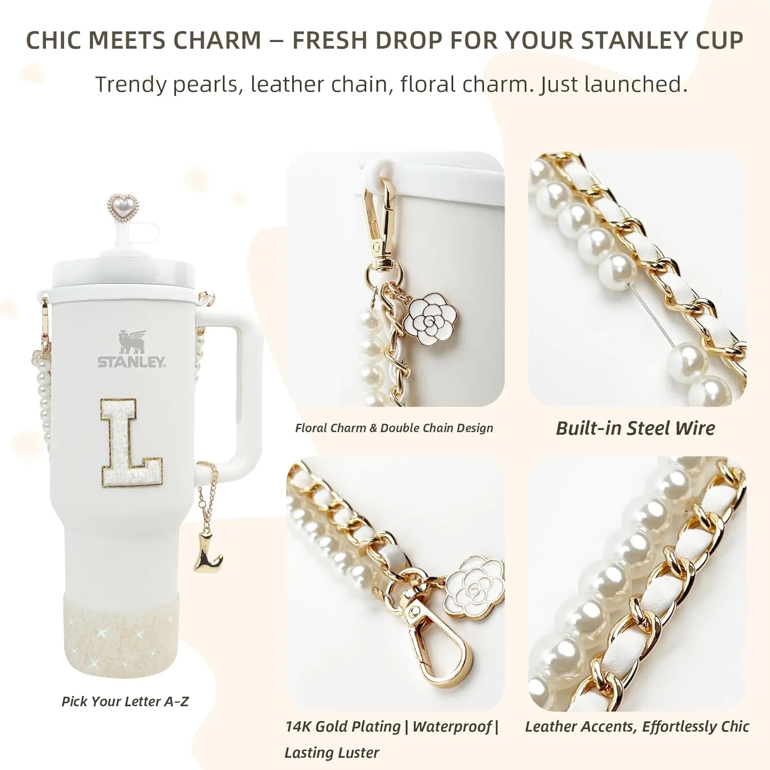 Stanley Cup Accessories Set for 30oz 40oz Tumbler, with Handle Strap, Anti-Spill Plug, Boot, Straw Cover, Cute Letter Charms, No-Residue Initial Sticker, Fits Pink Purple White Stanley Cups (E)