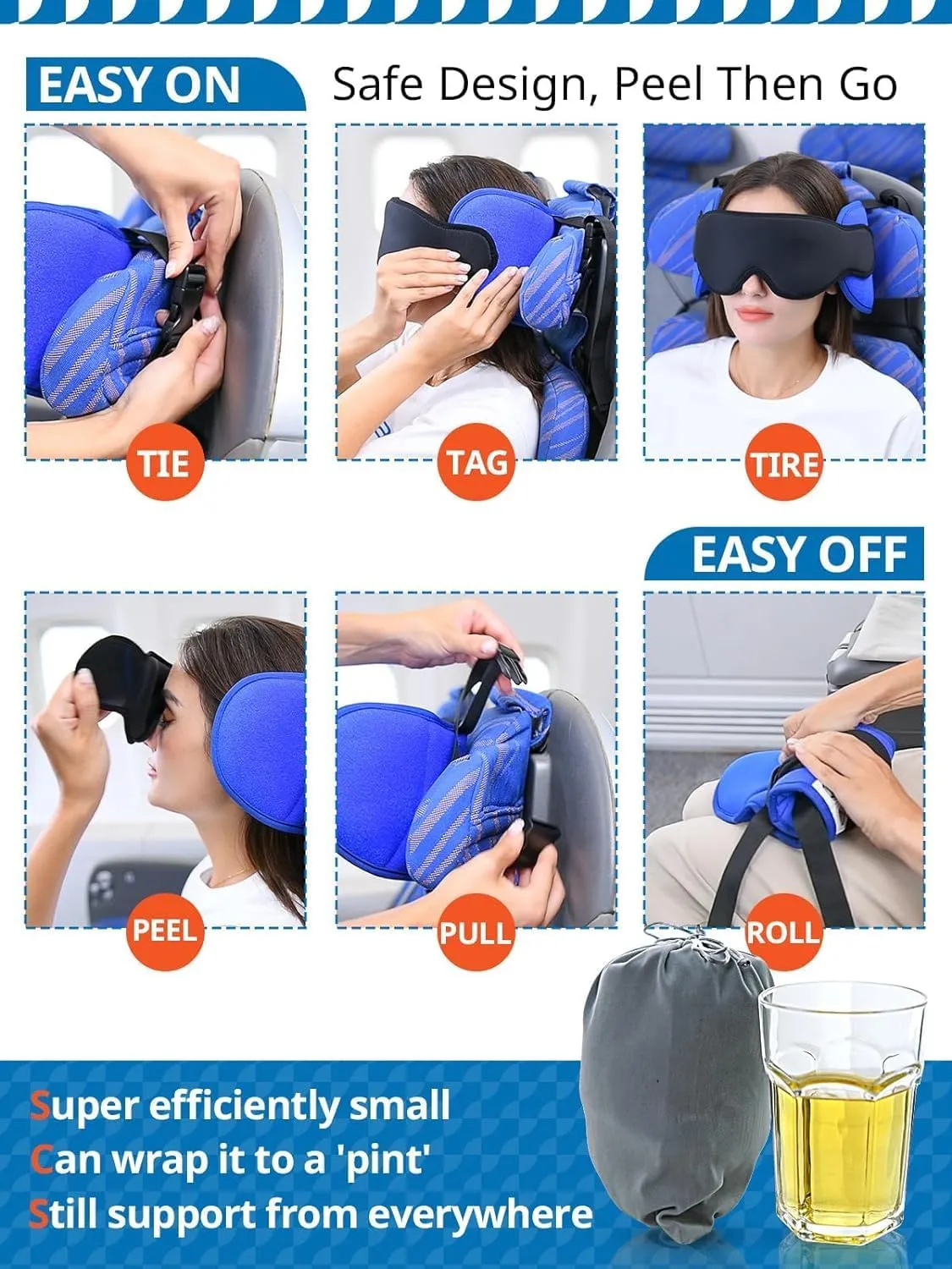 Travel Pillows for Airplanes, Airplane Pillow for Long Flight Car Road Trip, Airplane Head Strap with Sleep Eye Mask, 360 Support Headrest, Stop Bobblehead Travel Neck Pillow, Mottled Black